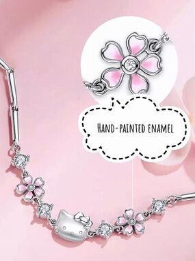 Sterling Silver Hello Kitty Zircon Floral Bracelet Minimalist Gift For Friend